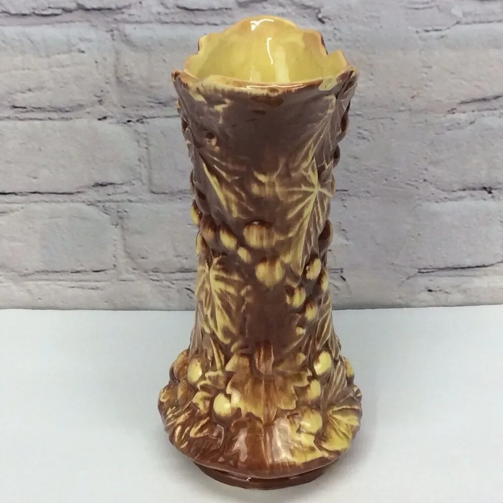 McCoy Pottery Vintage Grapevine Pitcher Vase Yellow Brown 9.5